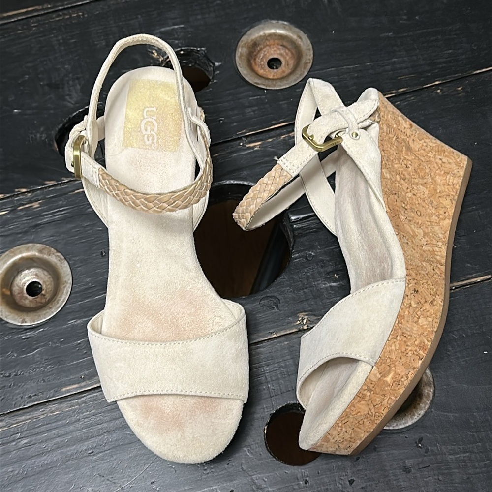 UGG D’Alessio Cream Suede Cork Wedge Sandals